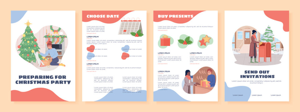 Xmas party preparing flat vector brochure template. Booklet, leaflet printable flat color designs. Editable magazine page, reports kit with text space. Sigmar One, Balsamiq Sans, Comfortaa fonts used