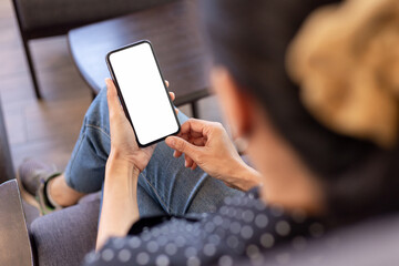 cell phone blank white screen mockup.hand holding texting using mobile on desk at office.background empty space for advertise.work people contact marketing business,technology