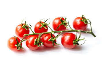 Cherry tomatoes cluster isolated on white. Fresh vegetable. Red cherry tomatoes on stem