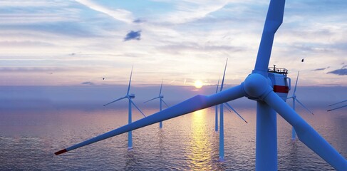 Fototapeta Closeup Wind power station. Wind generators stand in ocean. Wonderful landscape shot from a great height. Modern green energy. Aerial view. 3d rendering. obraz
