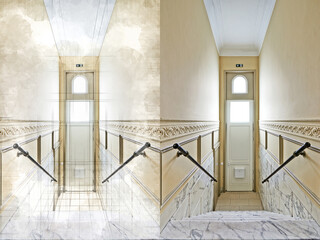 Door and Marble stairs in renovated mansion stairwell