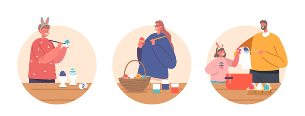 Happy Family Prepare for Easter Celebration. Parents and Children Girl and Boy Wear Rabbit Ears Painting Eggs Icons