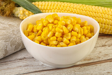 Canned yellow corn in the bowl