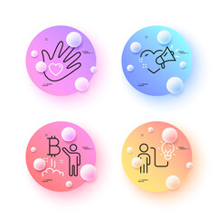 Business idea, Bitcoin project and Love message minimal line icons. 3d spheres or balls buttons. Social responsibility icons. For web, application, printing. Vector