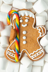 Gingerbread man with rainbow colored caramel candy cane on the pile of puffy white marshmallow. Christmas and peace concept. Traditional Christmas pastry. Flat lay