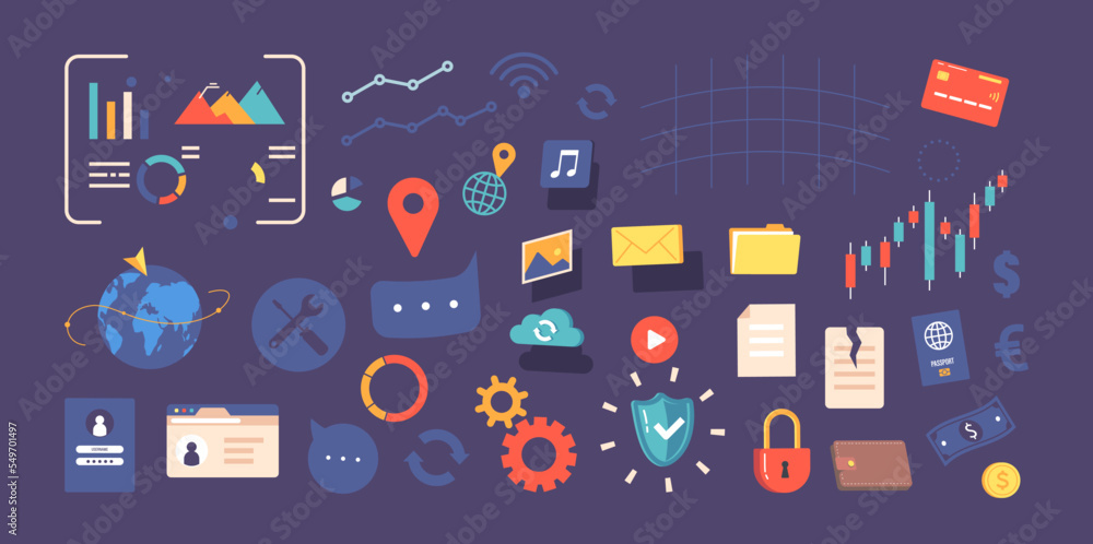 Poster set of icons futuristic ar interface, document folder, media files, information on screen. future te