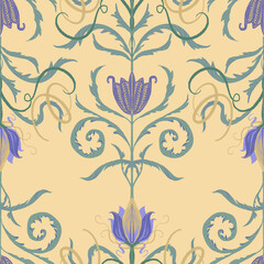 Yellow seamless floral background, blue flower