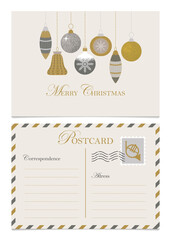Christmas Greeting Postcard with Glass balls Illustration. Vector template in elegant flat style