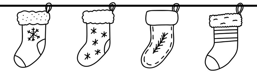 Hand drawn doodle sketch style vector illustration seamless banner of Christmas stockings with various decorations. Isolated on white background