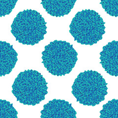 Vector seamless pattern blue turquise pompoms on white background. Great for handmade cards, invitations, wallpaper, packaging, nursery designs. Big pom pom.
