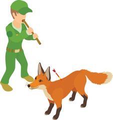 Fox capturing icon isometric vector. Man with blowpipe with dart near wild fox. Trapping of wild animal