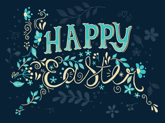 cute cartoon illustration of easter bunny silhouette with flowers and plants, hand drawn writing