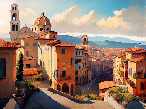 Beautiful streets of Italy. Ai generated illustration in cartoon style.