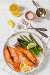 roast salmon steaks with asparagus and dill sauce