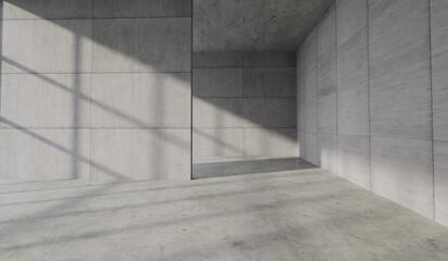 Concrete modern interior space. Blank walls and sunlight casting shadows. 3D Rendering