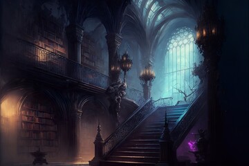Obraz premium dark fantasy library stairs in gloomy cathedral design interior