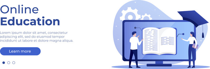 Online education concept. Vector layout for website page. Illustration in flat style with people studying remotely. Students learning online. PNG image