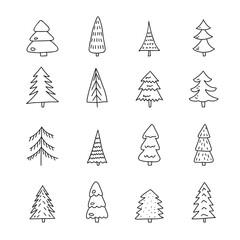 Hand drawn doodle sketch style vector illustration set of pine Christmas trees. Isolated on white background.