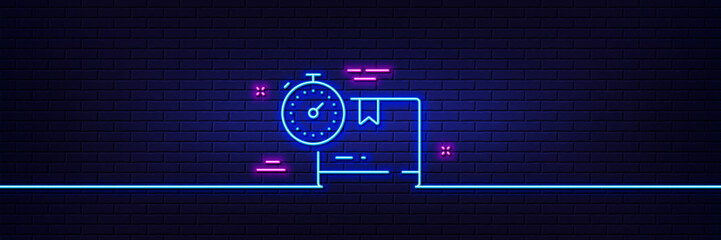 Neon light glow effect. Cardboard box line icon. Warehouse parcel sign. Inventory package timer symbol. 3d line neon glow icon. Brick wall banner. Cardboard box outline. Vector