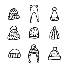 Hand drawn doodle sketch style vector illustration set of winter knitted hats. Isolated on white background