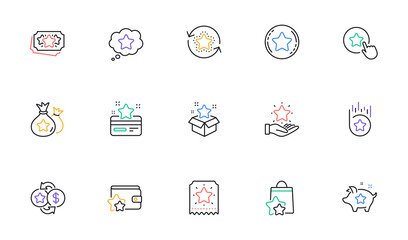 Loyalty program line icons. Bonus card, Redeem gift and discount coupon signs. Lottery ticket, Earn reward and winner gift icons. Linear set. Bicolor outline web elements. Vector
