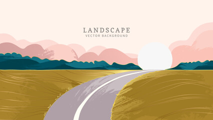 Minimal landscape art. Abstract nature scenery with sunrise, road through fields, forest and clouds.