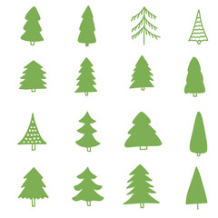 Hand drawn doodle sketch style vector illustration set of green pine Christmas trees. Isolated on white background.