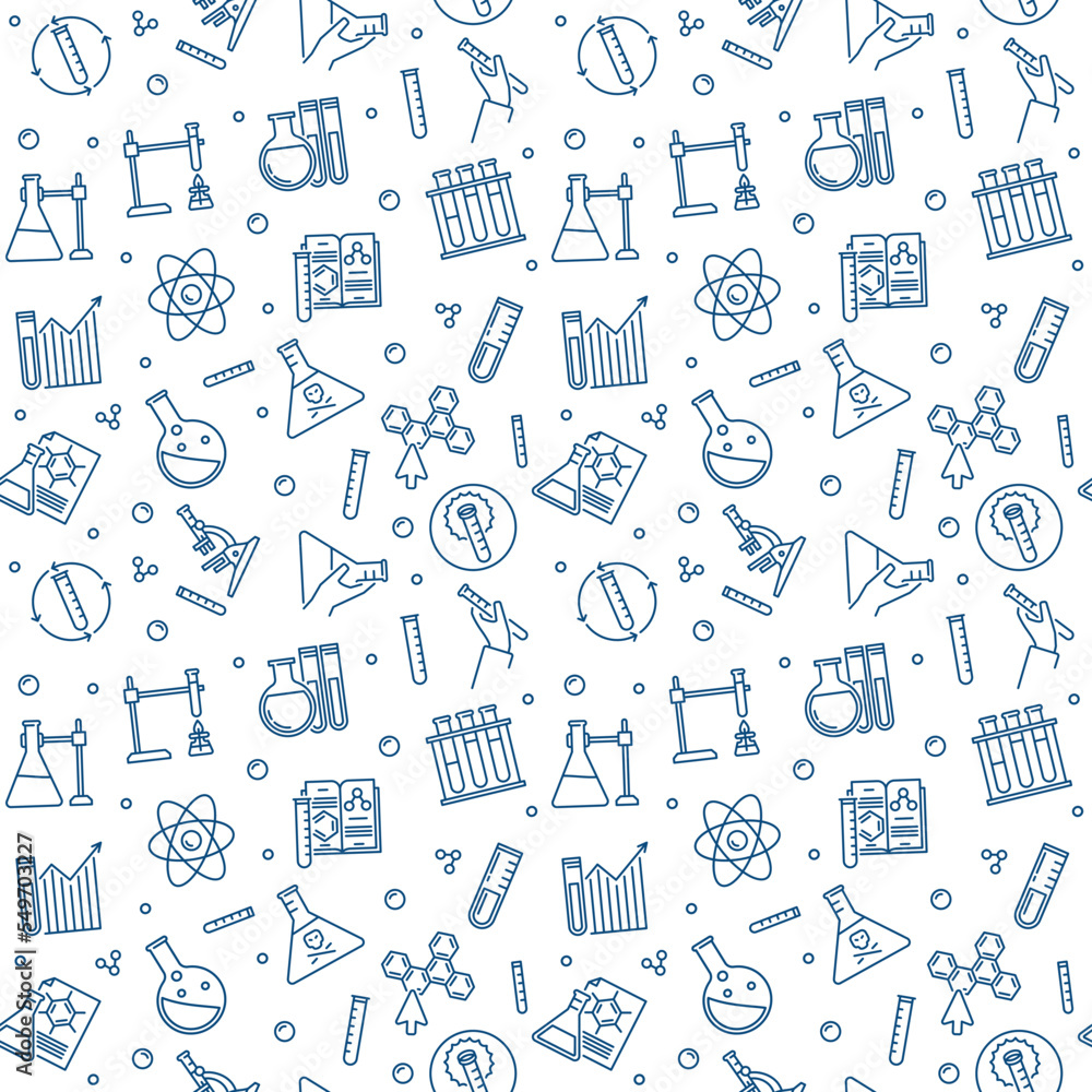 Poster chemistry minimal seamless pattern. chemical vector concept background