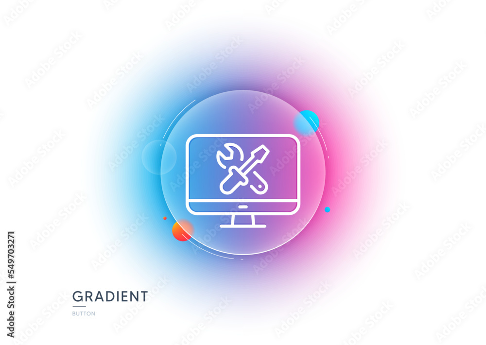 Aufkleber repair computer line icon. gradient blur button with glassmorphism. device service sign. fix tv symb