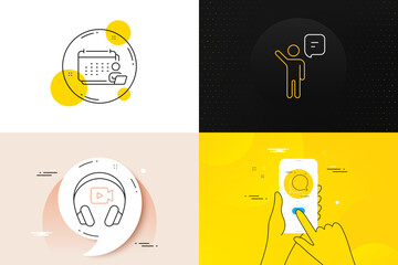 Minimal set of Headphones, Accounting and Chat message line icons. Phone screen, Quote banners. Agent icons. For web development. Video camera, Schedule report, Speech bubble. Business person. Vector
