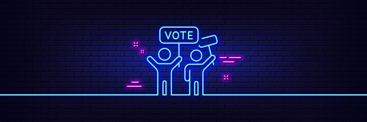 Neon light glow effect. Voting campaign line icon. People rally with signs. Public election symbol. 3d line neon glow icon. Brick wall banner. Voting campaign outline. Vector