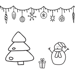 Hand drawn doodle sketch style vector illustration of winter holidays scene. Snowman and a present with a Christmas tree and garland with ornaments. Isolated on white background.