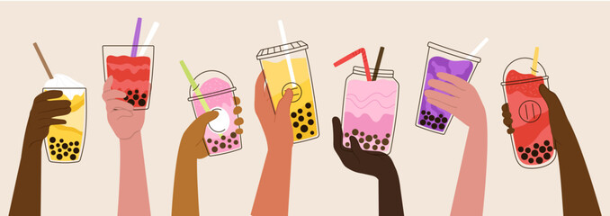 Hands hold bubble tea shakes. Milkshake, asian smoothie and mocha in glasses. Drink party, sweet beverages desserts, decent boba drinks vector banner