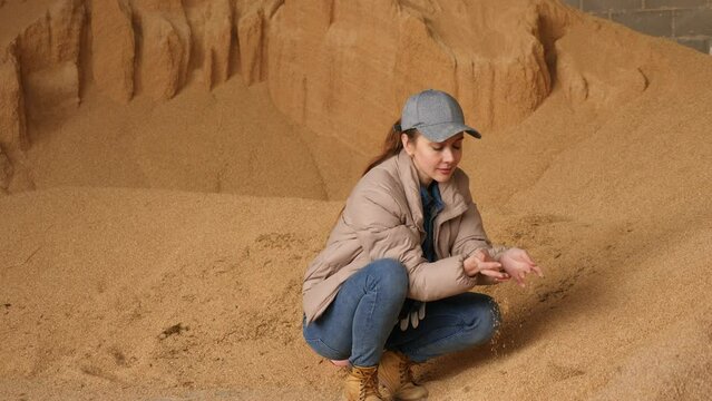 Interested young woman farmer squatting near large pile of soybean husk for livestock feeding, checking quality of forage