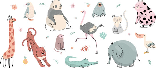 Doodle flat wild animals. Tiger sloth monkey and penguin. Isolated zoo animal, cartoon crocodile and giraffe. Nowaday vector childish tropical characters