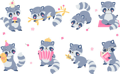 Cute flat cartoon raccoon set. Raccoons various poses, funny animal caricature. Woodland nowaday vector characters read, play music, sleep and eating
