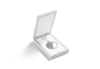 Blank silver medal in box mockup, side view