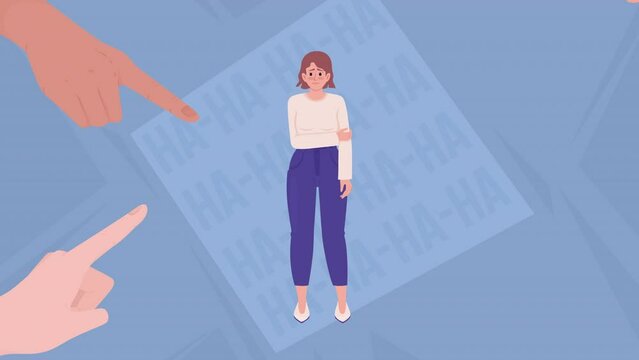 Animated shaming woman illustration. Bullying sad lady. Modern struggle. Humiliation. Looped flat color 2D cartoon characters animation on background. HD video with alpha channel