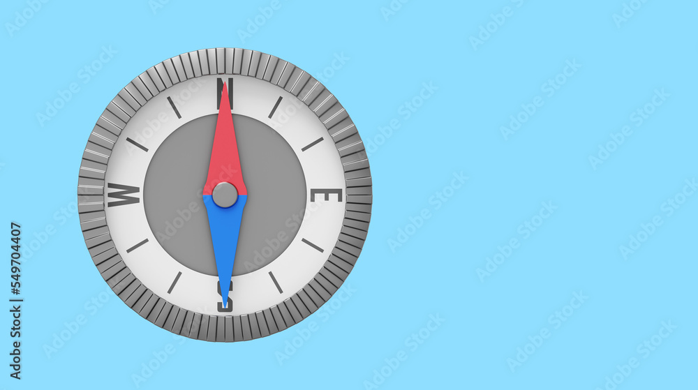 Poster realistic compass, navigation, direction finding. 3d rendering. icon on blue background, space for t
