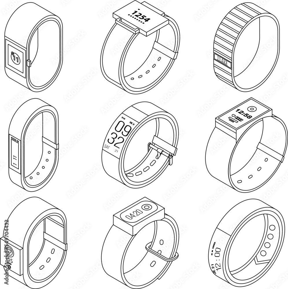 Poster fitness tracker icons set. isometric set of fitness tracker vector icons outline vector on white bac
