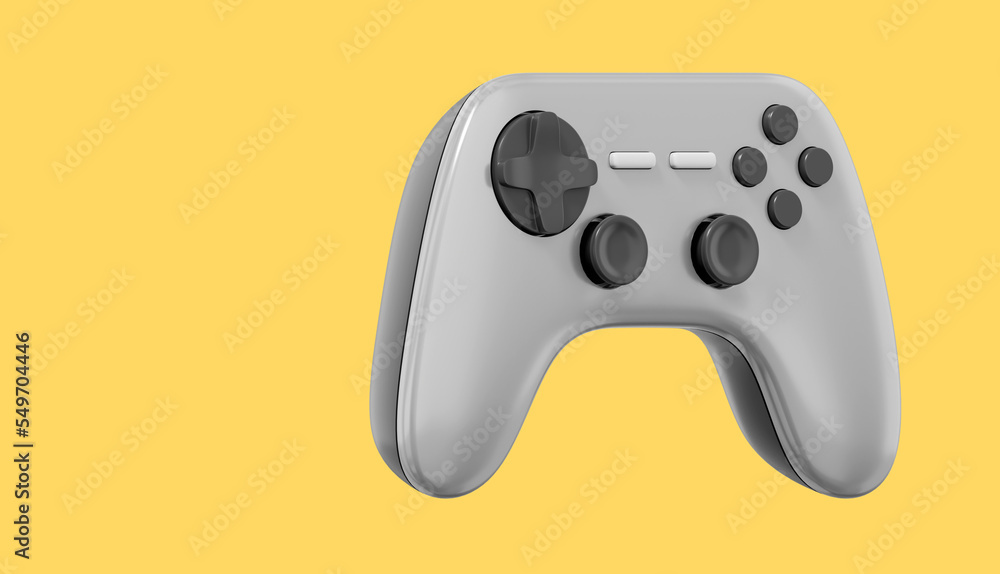 Poster realistic console game controller. gray icon on yellow background with space for text. 3d rendering.