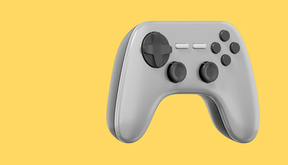 Realistic console game controller. Gray icon on yellow background with space for text. 3D rendering.