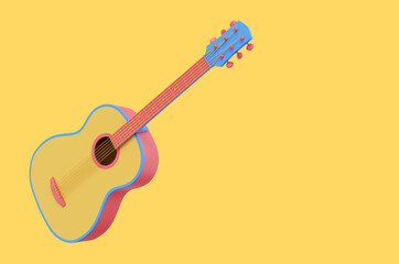 Multicolored acoustic guitar. 3D rendering. Icon on yellow background, space for text.