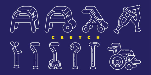 Set of assistive medical devices crutches and  sticks icons or Symbols. Crutches, wheelchairs and walkers. Canes, cane with additional support, elbow crutch, telescopic crutch. Vector.