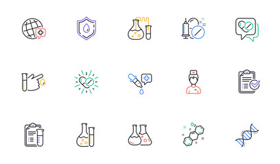 Medical healthcare, doctor line icons. Drug testing, scientific discovery and disease prevention icons. Chemical formula, chemistry testing lab. Linear set. Bicolor outline web elements. Vector
