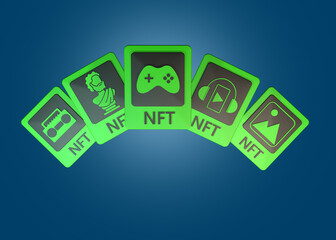 Cards NFT token in crypto artwork. Collections cards Non-fungible token with information from the blockchain. ERC20. 3D Cryptocurrency Art. 3d render