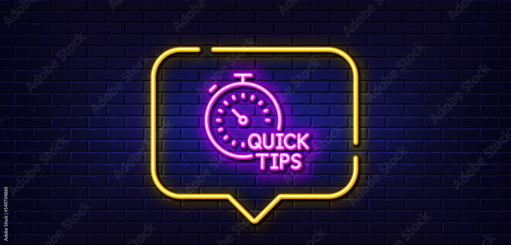 Poster neon light speech bubble. quick tips line icon. helpful tricks sign. tutorials with timer symbol. ne