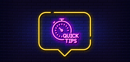 Neon light speech bubble. Quick tips line icon. Helpful tricks sign. Tutorials with timer symbol. Neon light background. Quick tips glow line. Brick wall banner. Vector