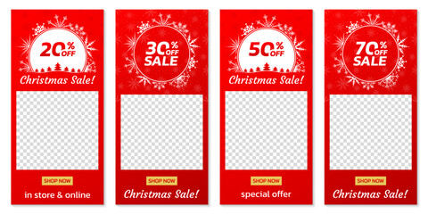 Christmas sale banner set. Social media post or story design template. Xmas frame with snowflakes. 20, 30, 50, 70 percent price off discount background. Vector illustration.