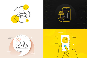 Minimal set of Arena stadium, Cardio bike and Fitness app line icons. Phone screen, Quote banners. Flag icons. For web development. Competition building, Fitness bicycle, Training program. Vector